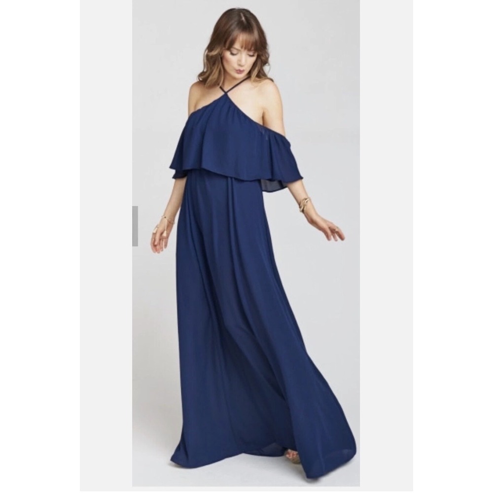 NEW Show Me Your Mumu Rebecca Ruffle Maxi Dress S Navy Blue Wedding guest boho